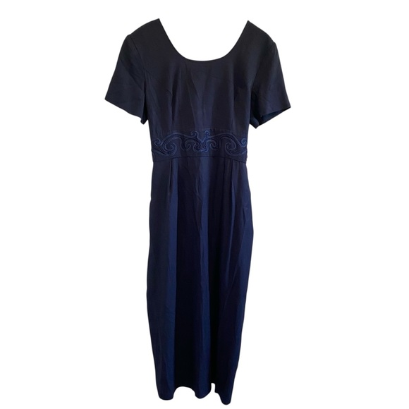 John Roberts Dresses & Skirts - John Roberts Women's Vintage Dress Size 14 Navy Blue Embroidered-detail Waist‎